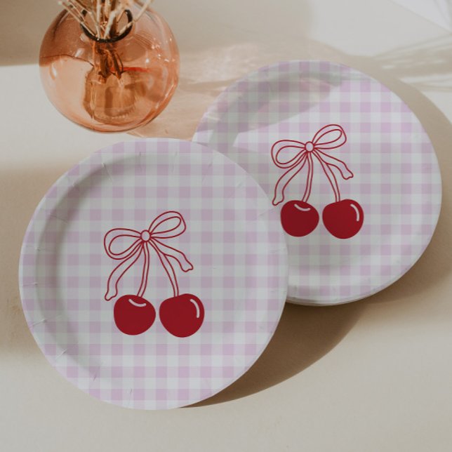 Retro Cherry Pink Gingham Birthday Paper Plate (Creator Uploaded)