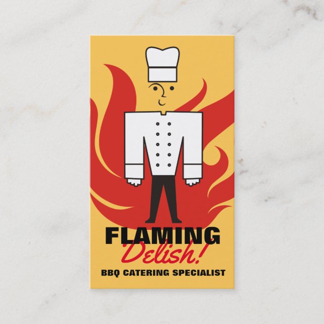 Retro chesty male chef flames catering culinary business card (Front)