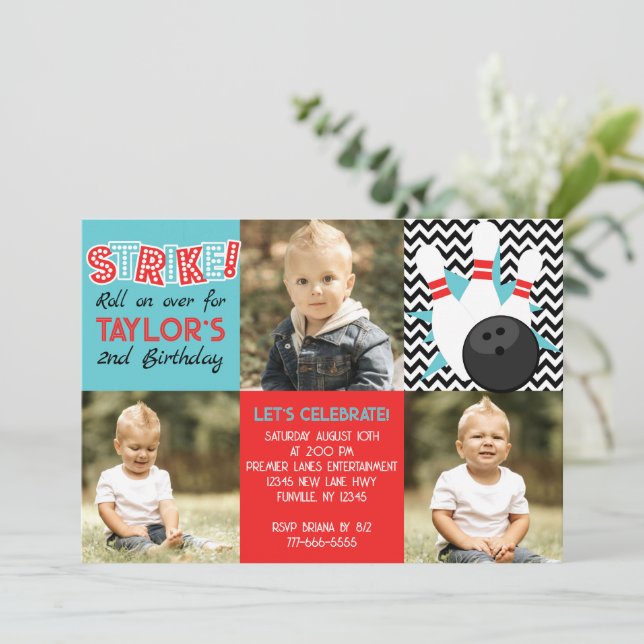 Retro Chevron Bowling 3 Photo Birthday Invitation (Standing Front)