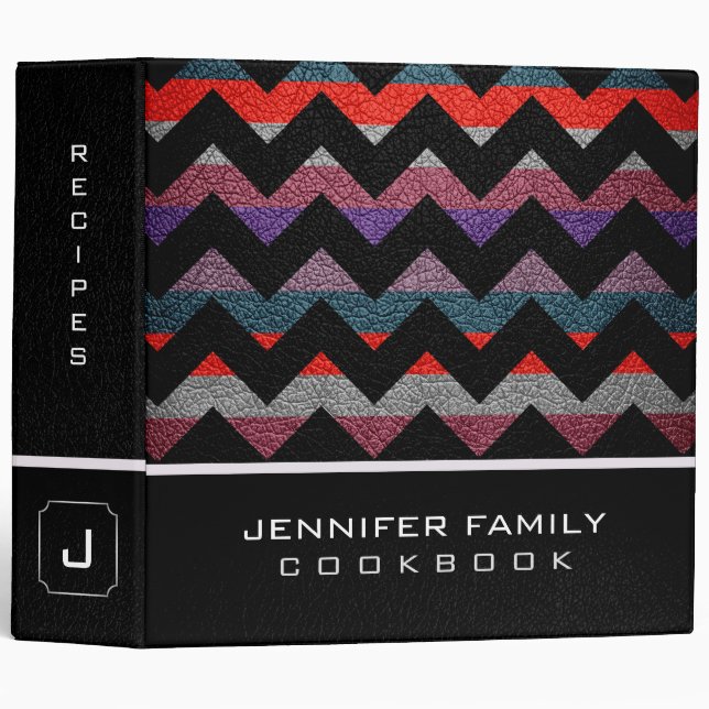 Retro Chevron Family Recipes Leather Look #6 Binder (Front/Spine)
