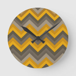 Retro Chevron Pattern Mustard Yellow Gray Round Clock