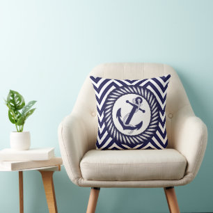 Retro Chic Blue Anchor Zigzag Chevron Pattern Throw Pillow