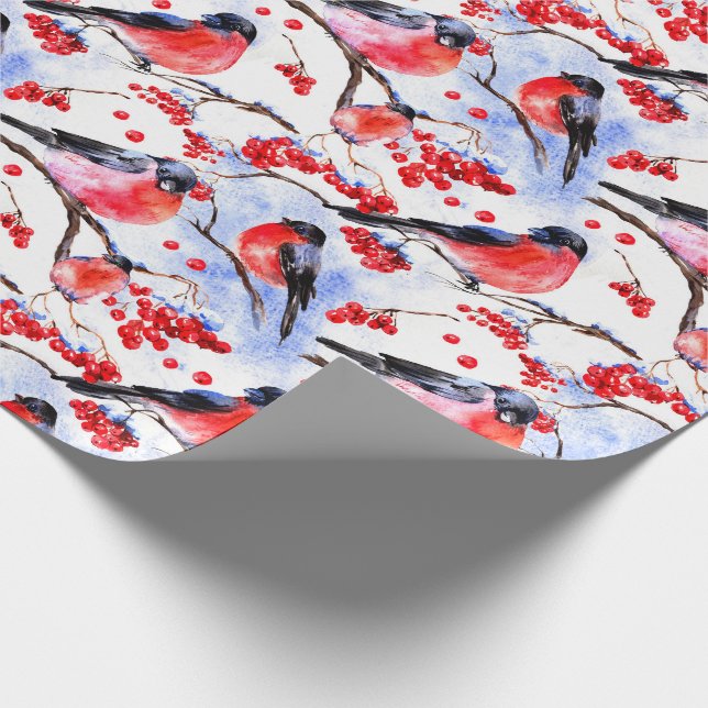 Retro Chic Christmas Bullfinch Birds Holiday Gift Wrapping Paper (Corner)