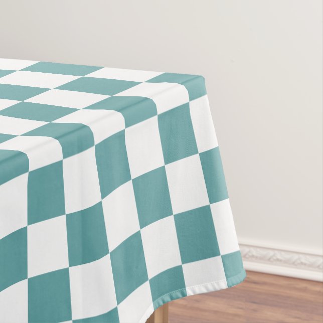 Retro Chic Cool Cadet Blue White Chequered Pattern Tablecloth (In Situ)