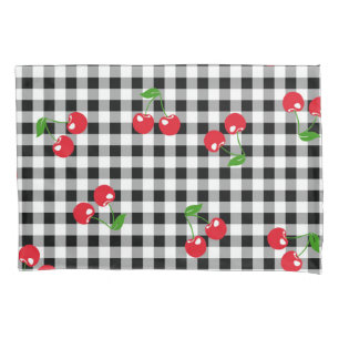 Retro Chic Cute Red Cherry Black White Gingham  Pillowcase