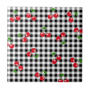 Retro Chic Cute Red Cherry Black White Gingham Tile