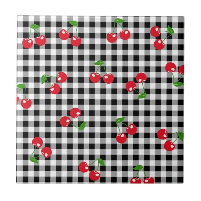 Retro Chic Cute Red Cherry Black White Gingham Tile (Front)