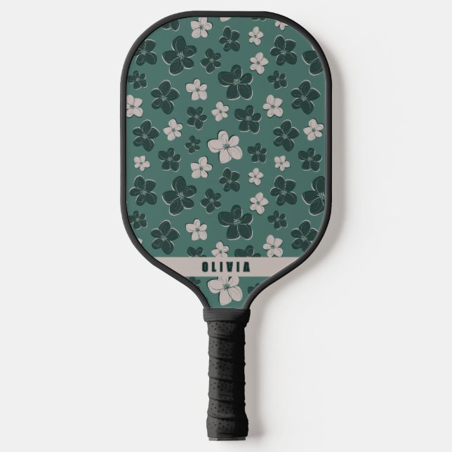 Retro-Chic Floral Pattern Teal Pickleball Paddle (Front)