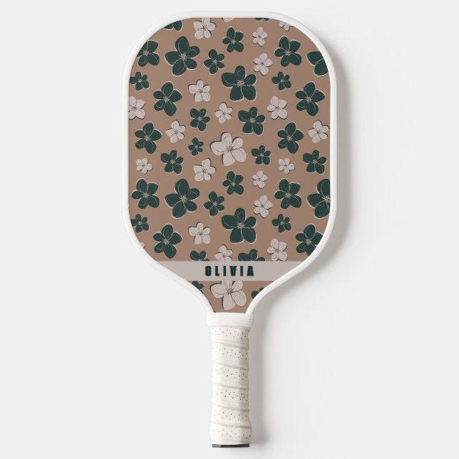 Retro Chic Floral Tan Brown Pickleball Paddle (Front)