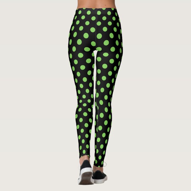 Retro Chic Green on Black Polka Dots Leggings (Back)