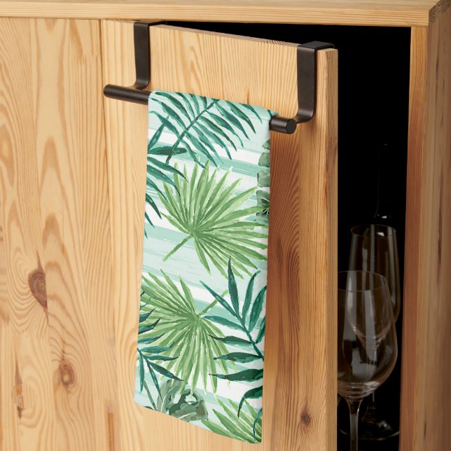 Retro Chic Green Palm Leaves Watercolor Art Kitchen Towel (Thirds Fold)