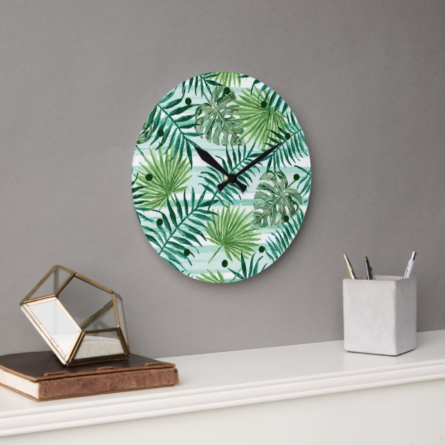 Retro Chic Green Palm Leaves Watercolor Art Large Clock (Office)