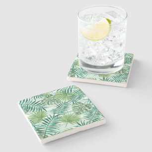 Retro Chic Green Palm Leaves Watercolor Art Stone Coaster