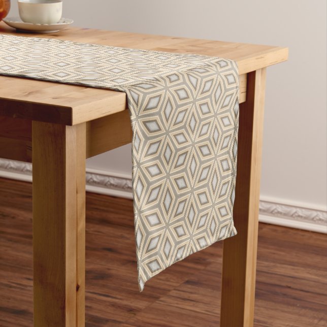 Retro Chic Grey Beige Taupe Brown Mandala Pattern Short Table Runner (In Situ)