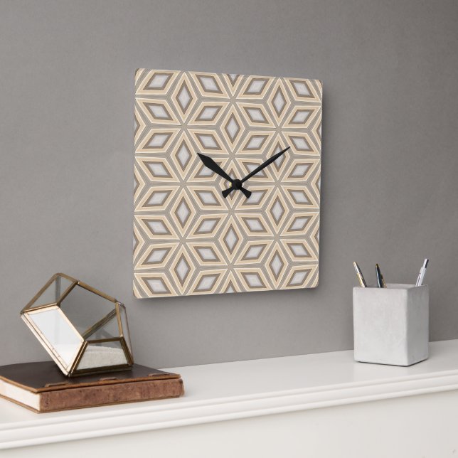 Retro Chic Grey Beige Taupe Brown Mandala Pattern Square Wall Clock (Office)