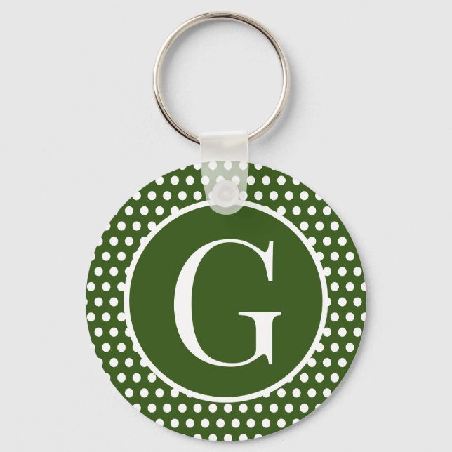 Retro Chic initial letter Dark Green Polka Dots Keychain (Front)