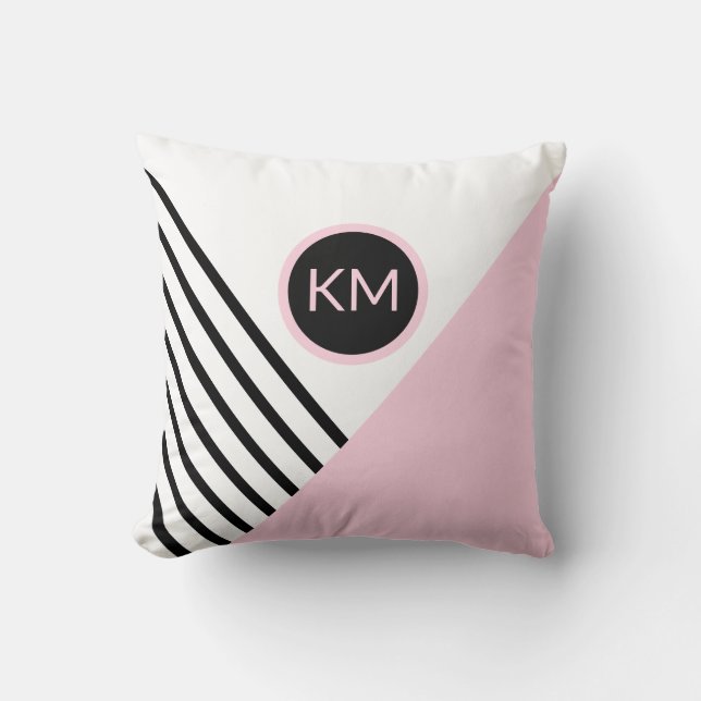Retro Chic Monogram Stripes and Colour Block Throw Pillow (Front)