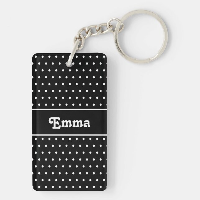 Retro Chic Name Polka Dot Black and White Keychain (Back)