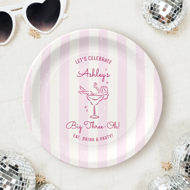 Retro Chic Pink Hand Drawn Cocktail 30th Birthday Paper Plate (Creator Uploaded)