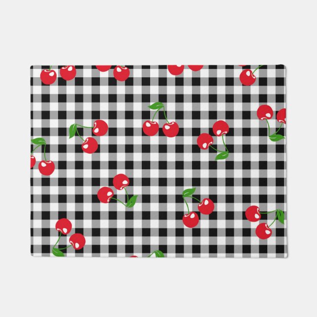 Retro Chic Red Cherry & Black White Gingham  Doormat (Front)