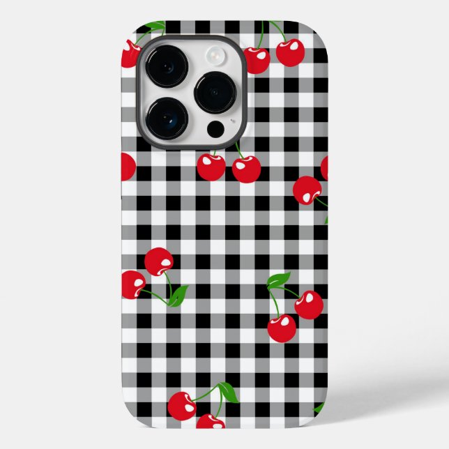 Retro Chic Red Cherry & Black White Gingham Tartan Case-Mate iPhone Case (Back)