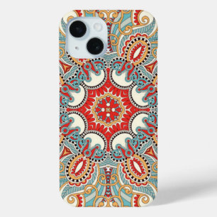 Retro Chic Red Teal Pretty Floral Mosaic Pattern iPhone 15 Case