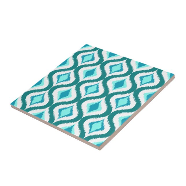 Retro Chic Teal Aqua Turquoise Ikat Drops Pattern Tile (Side)