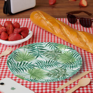 Retro Chic Tropical Green Palm Leaves Art Pattern Paper Plate