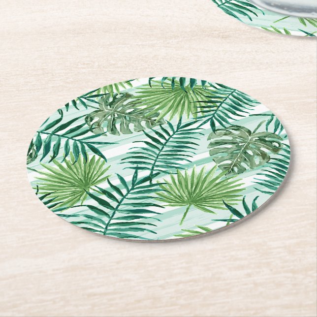 Retro Chic Tropical Green Palm Leaves Art Pattern Round Paper Coaster (Angled)