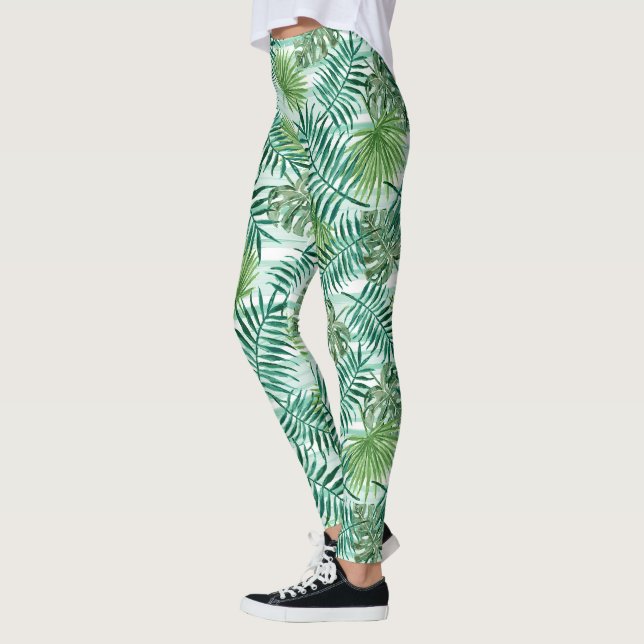 Retro Chic Tropical Green Palm Leaves Pattern Leggings (Left)