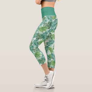 Retro Chic Tropical Green Palm Tree Leaves Pattern Capri Leggings
