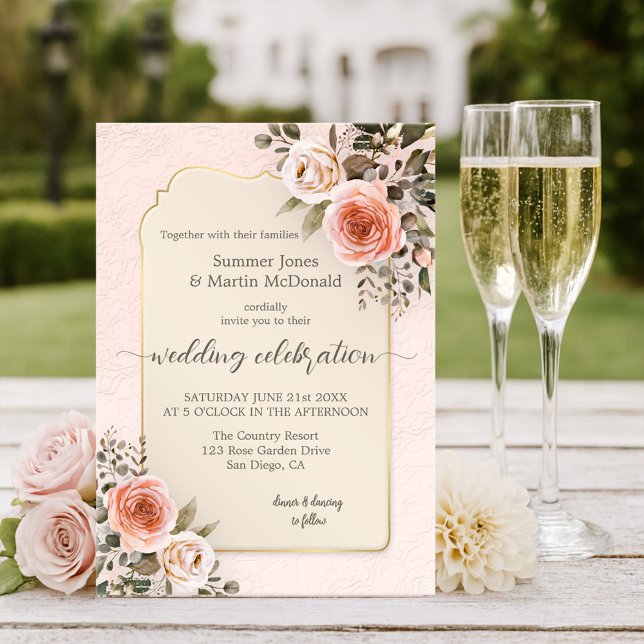 Retro Chic Watercolor Blush Pink Roses Wedding Invitation (Watercolor wedding invitation featuring blush pink roses on romantic retro peach and tan)
