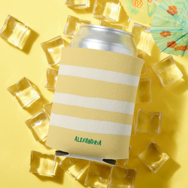 Retro Chic Yellow Stripes Personalized Can Cooler (In Situ Summer)