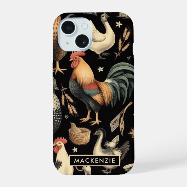 Retro Chicken Farm Pattern iPhone 15 Case (Back)
