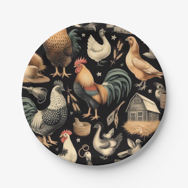 Retro Chicken Farm Pattern Paper Plate (Front)