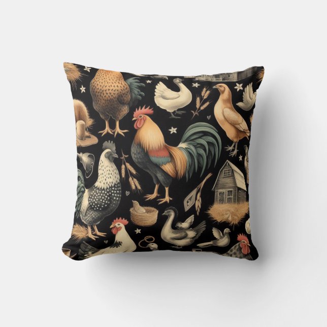 Retro Chicken Farm Pattern Throw Pillow (Front)