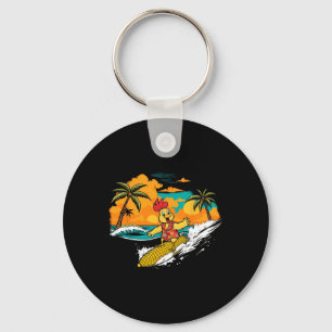 Retro Chicken Surfing Corn Tropical Hawaiian Art F Keychain