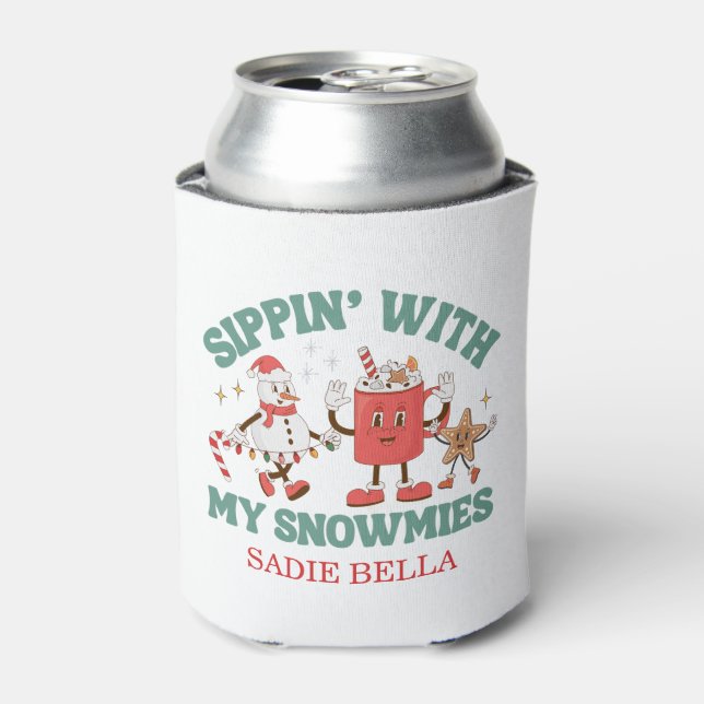 Retro Chillin' With My Snowmies Christmas Can Cooler (Can Front)