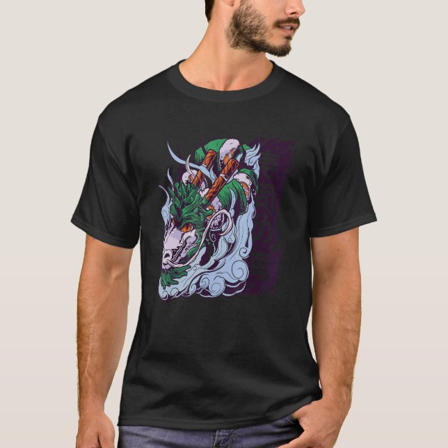 Retro Chinese Water Dragon Beard Asian Style T-Shirt (Front)