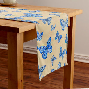 Retro Chinoiserie Blue Butterflies Blush Ivory Medium Table Runner