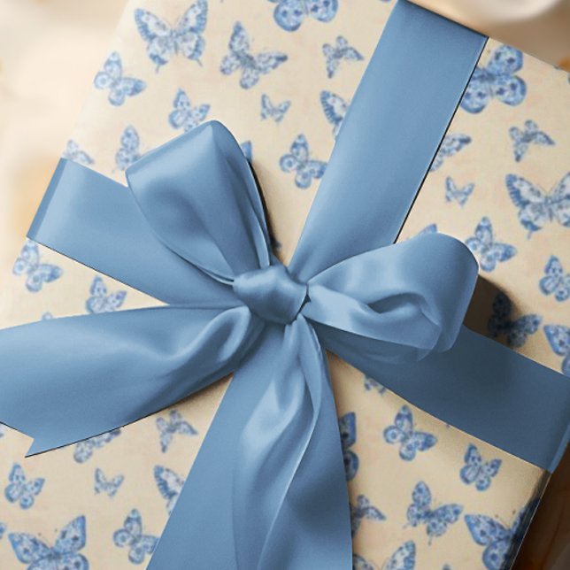 Retro Chinoiserie Blue Butterflies Blush Ivory  Wrapping Paper (Simple vintage elegance)