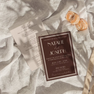 Retro Chocolate Brown Old Money All In One Wedding Invitation