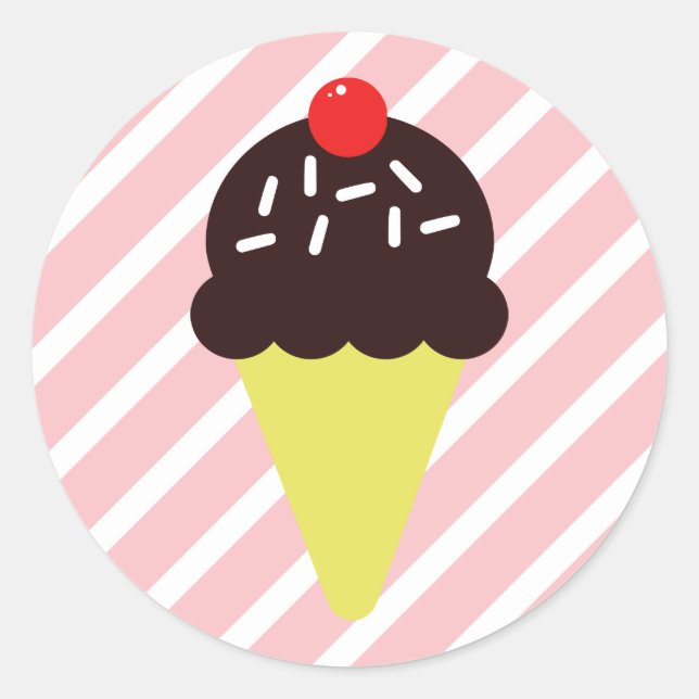 Retro Chocolate Ice Cream Cone with Pink Stripes Classic Round Sticker (Front)