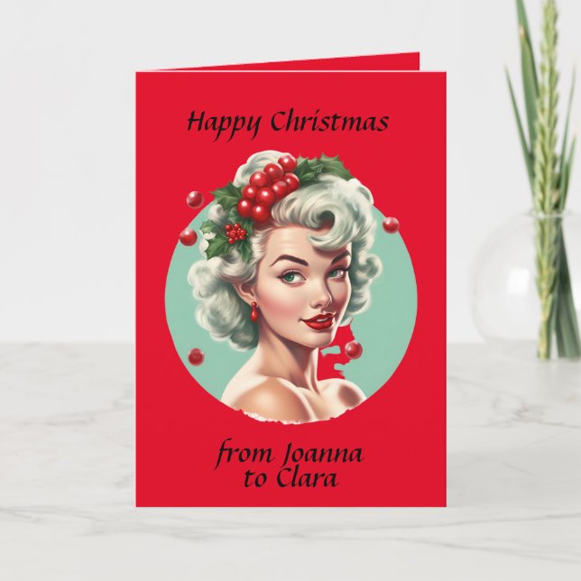 Retro Christmas 1950s pin-up girl - holly berries Holiday Card (Front)