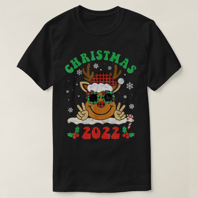 Retro Christmas 2022 Buffalo Red Plaid Reindeer Sa T-Shirt (Design Front)