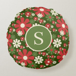 Retro Christmas 60s 70s Floral Pattern Initial Round Pillow