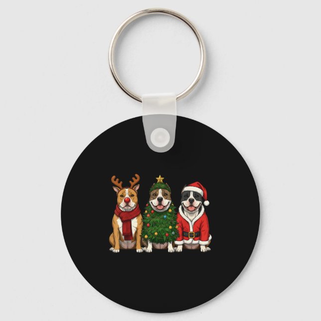 Retro Christmas American Bully Santa Reindeer Dog  Keychain (Front)