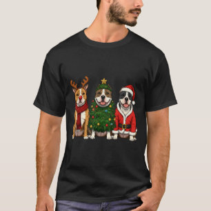 Retro Christmas American Bully Santa Reindeer Dog  T-Shirt