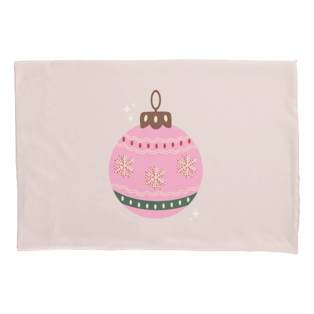 Retro Christmas Bauble Pink Holiday Pillowcase (Front)
