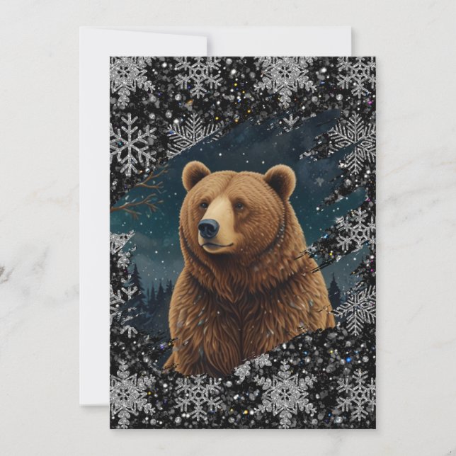 Retro Christmas bear midnight snowy landscape Invitation (Front)